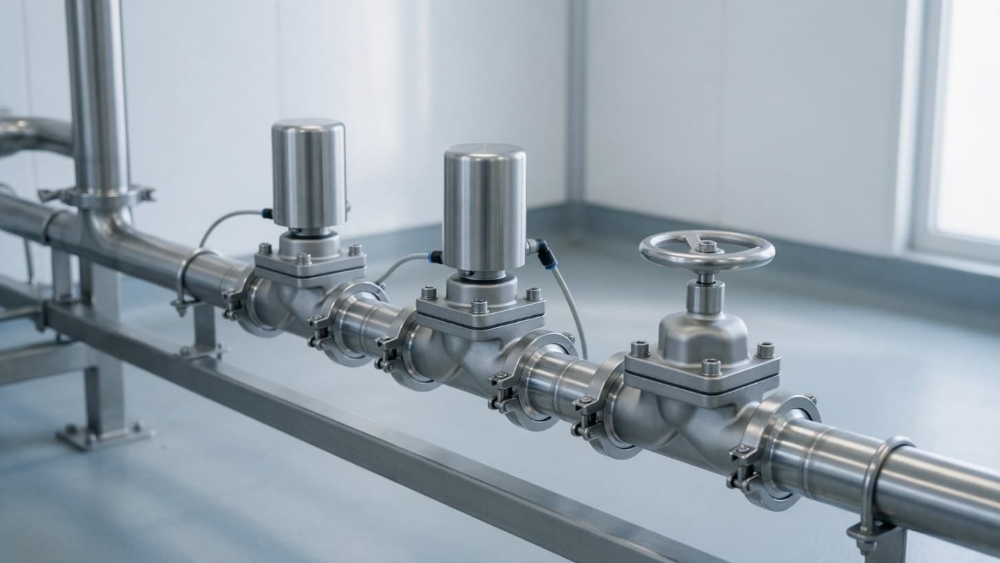 Polished stainless steel hygienic diaphragm valves with pneumatic actuators welded into orbital welded tubing on a pharmaceutical water skid