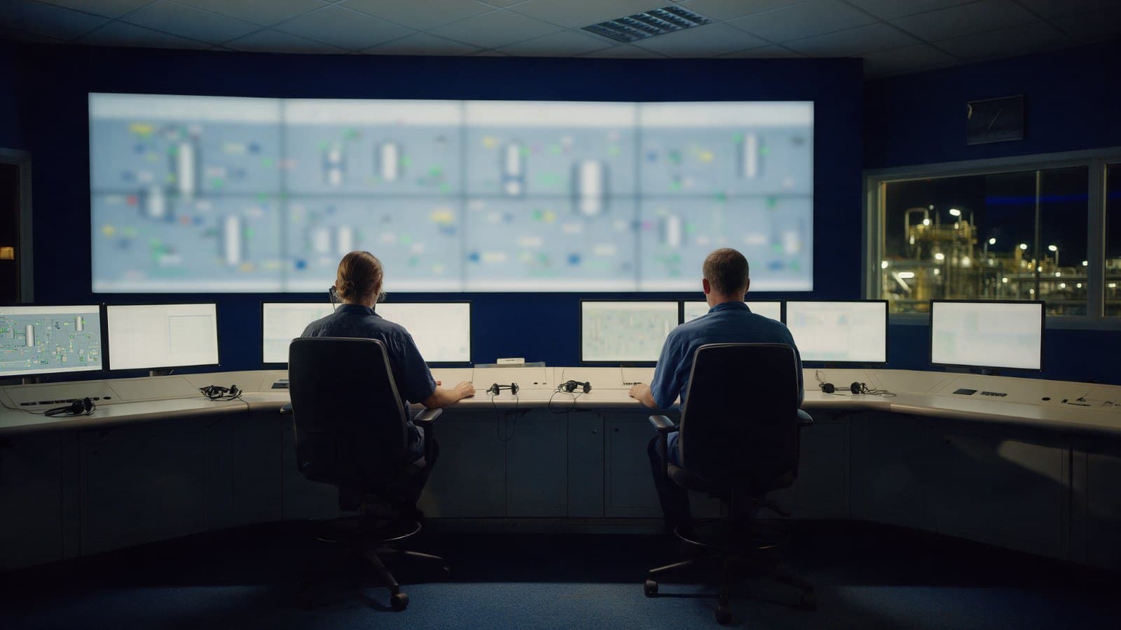 Two operators in a process plant control room facing large screens