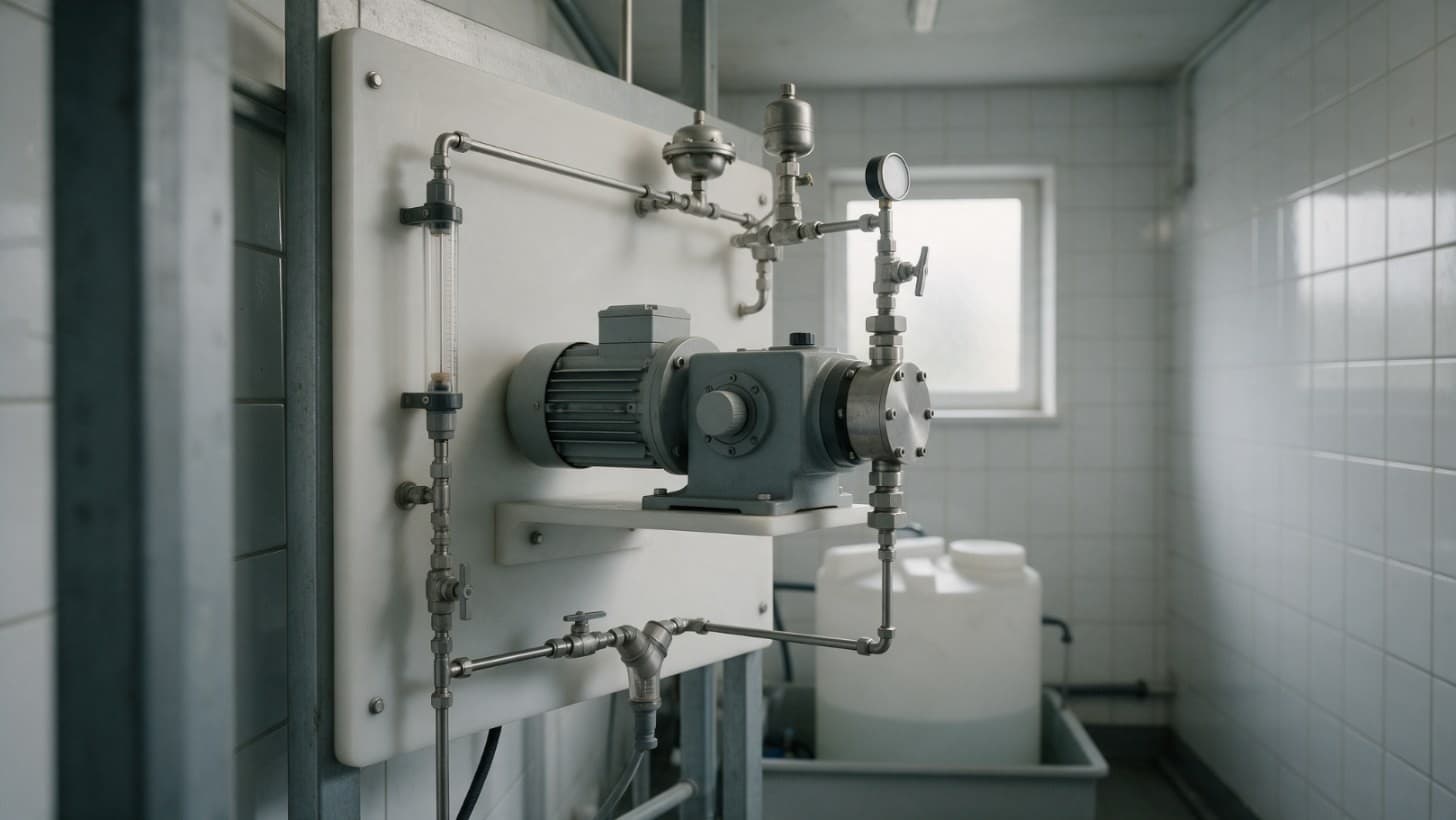 A motor driven diaphragm metering pump with a stainless steel liquid end on a chemical dosing panel, with a clear calibration column, a small pulsation dampener and a pressure gauge, beside a plastic chemical tank in a bund