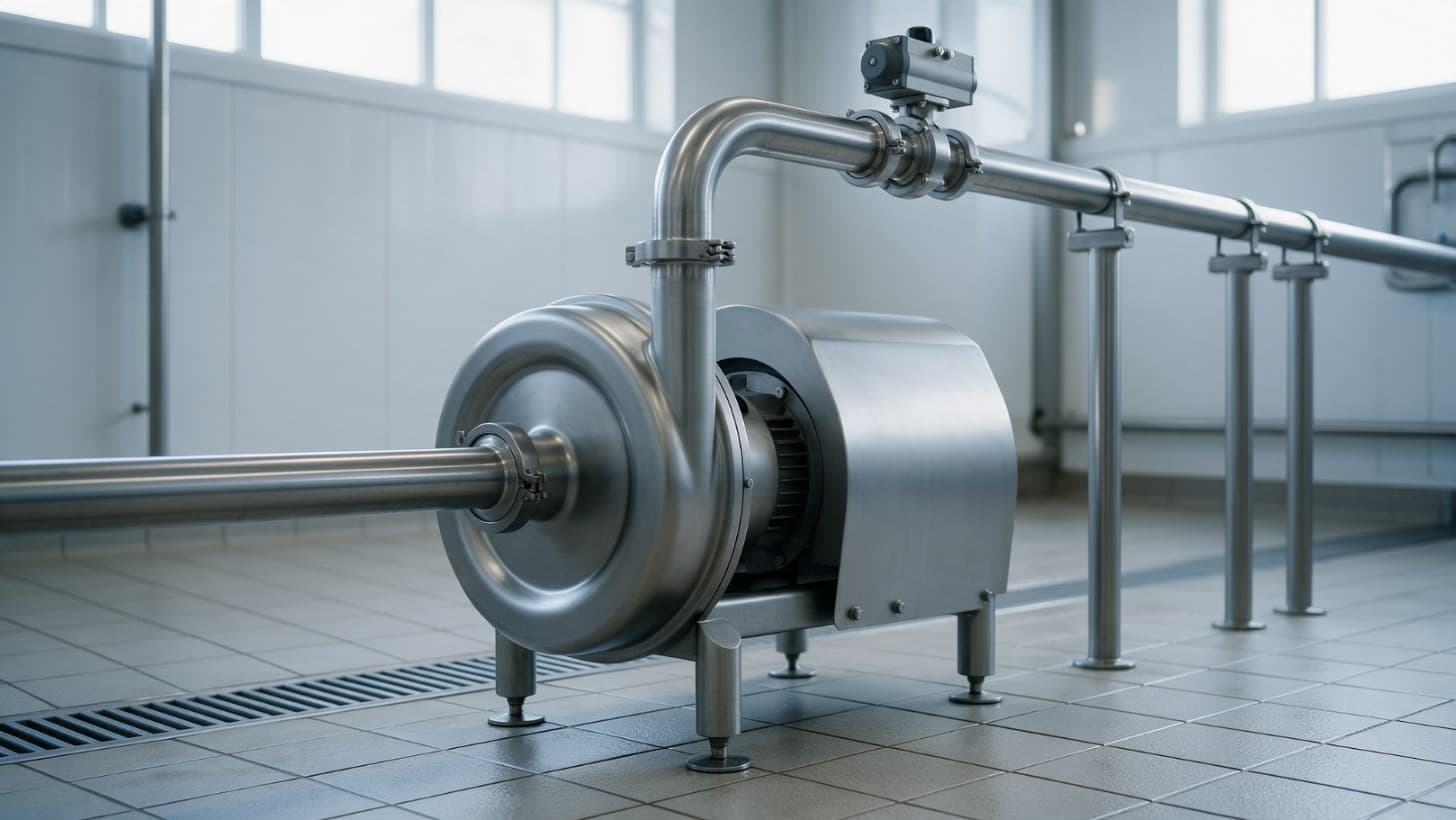 A stainless steel hygienic centrifugal pump with clamp connections on polished stainless pipework in a dairy processing plant