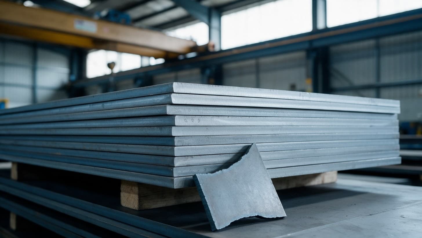 A stack of thick stainless steel plates on timber bearers in a metals warehouse, with small stamped marks along one cut edge.