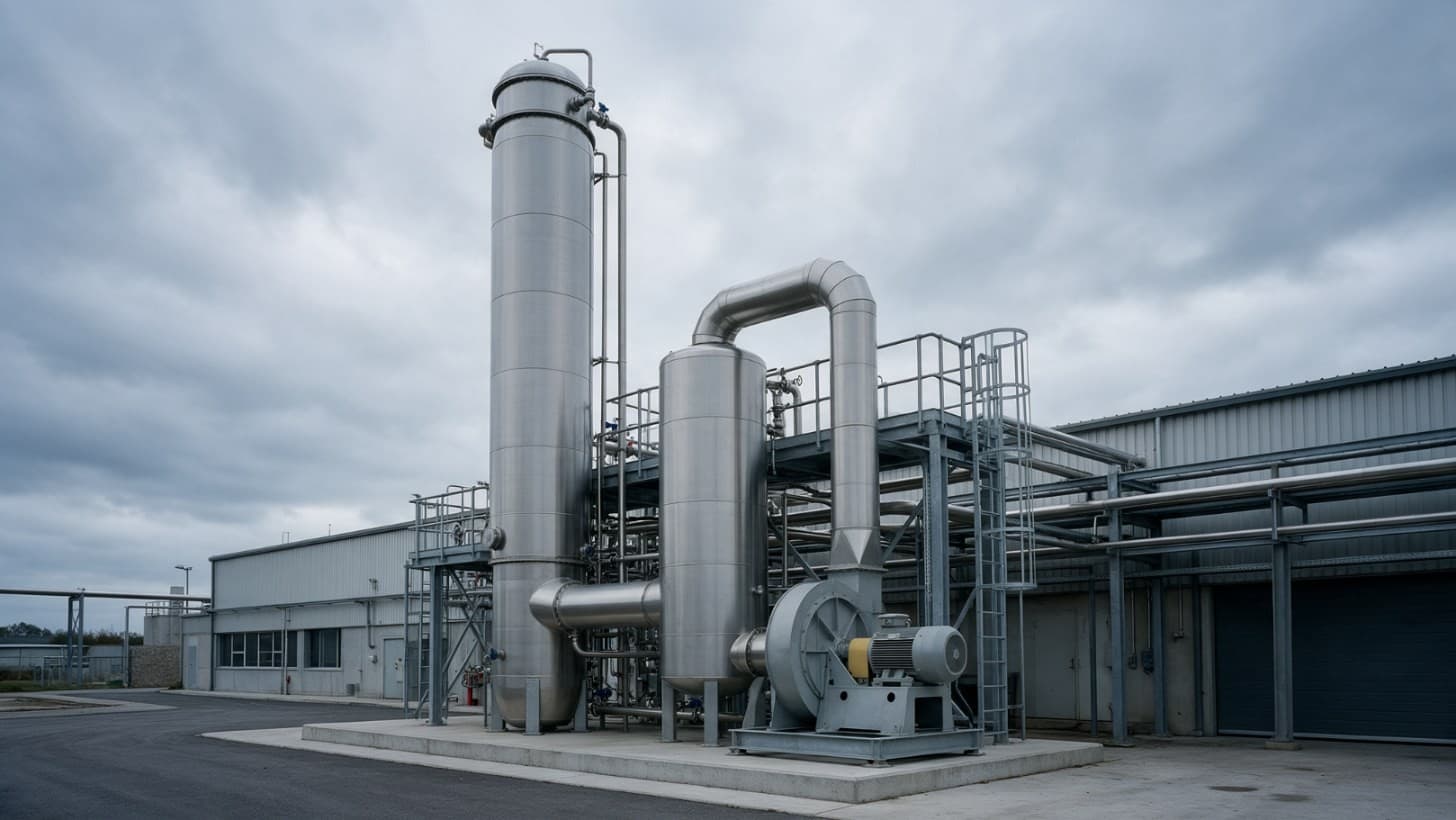 A tall stainless steel falling film evaporator with its vertical calandria, a vapour separator beside it, an insulated vapour duct and a vapour recompression fan, inside a process plant