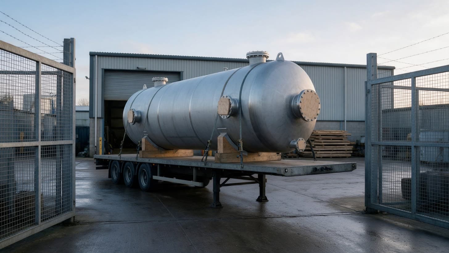 A jacketed stainless steel process vessel nearing completion in a fabrication shop, with packing timber and a shipping skid beside it
