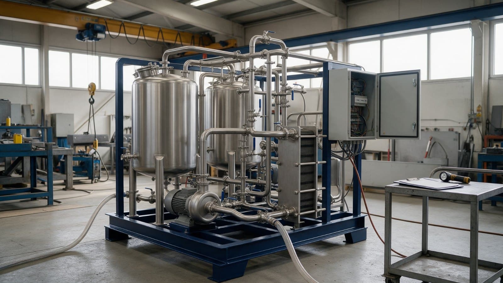 Stainless steel cleaning in place skid on a navy base frame in a fabrication shop, with test hoses connected and the control panel open