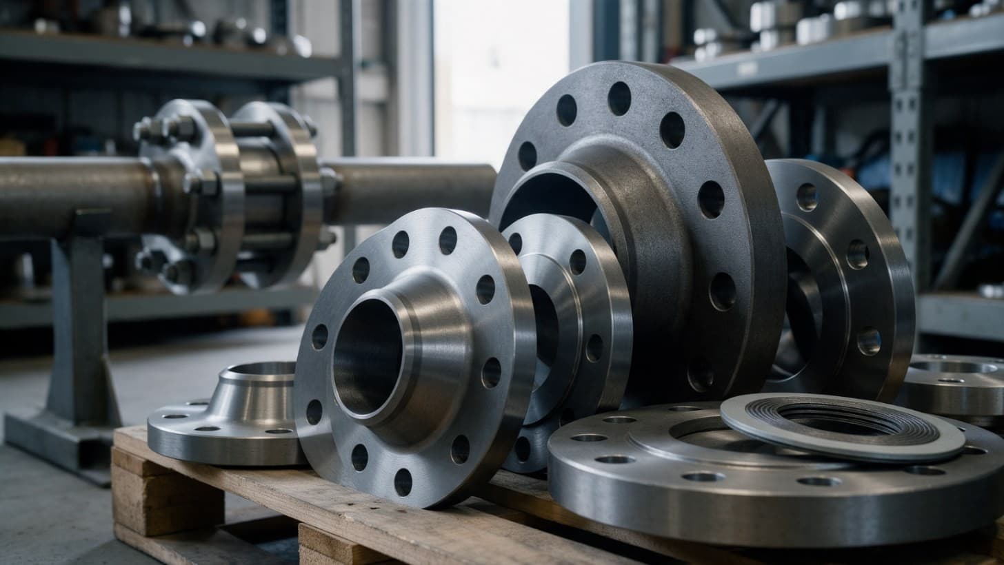 Forged steel weld neck flanges with raised faces and drilled bolt holes stacked on a pallet in a pipe fabrication workshop, beside a blind flange and a spiral wound gasket