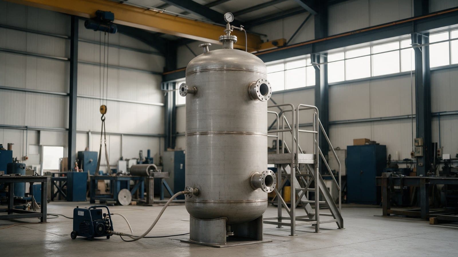 Vertical stainless steel pressure vessel set up for a hydrostatic test in a fabrication shop, with a test pump and pressure gauge