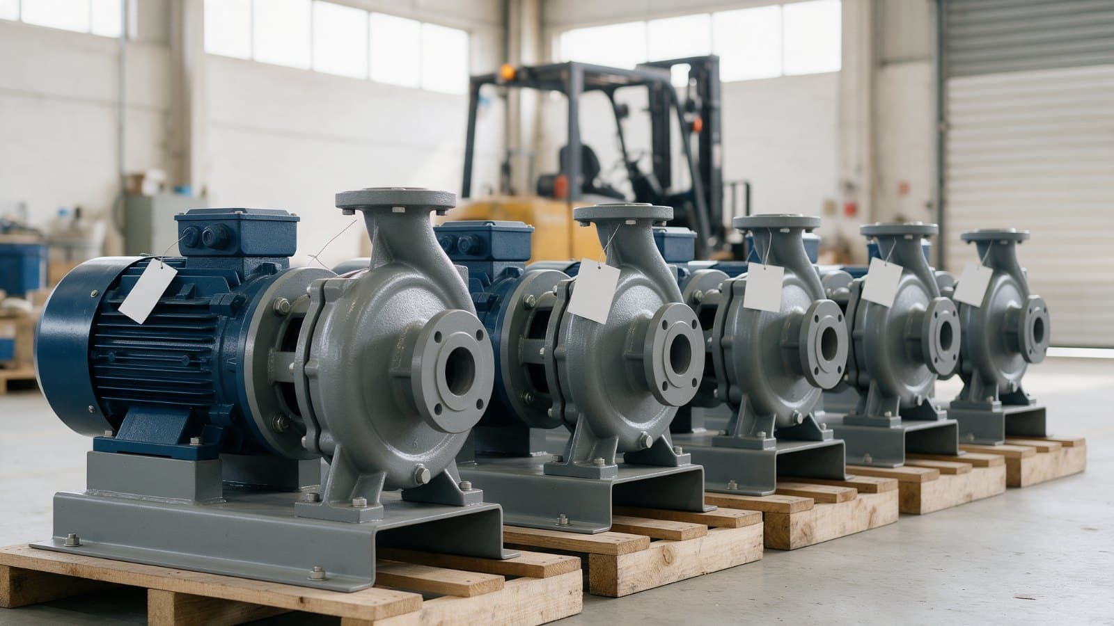 Row of new centrifugal pumps on pallets waiting for dispatch