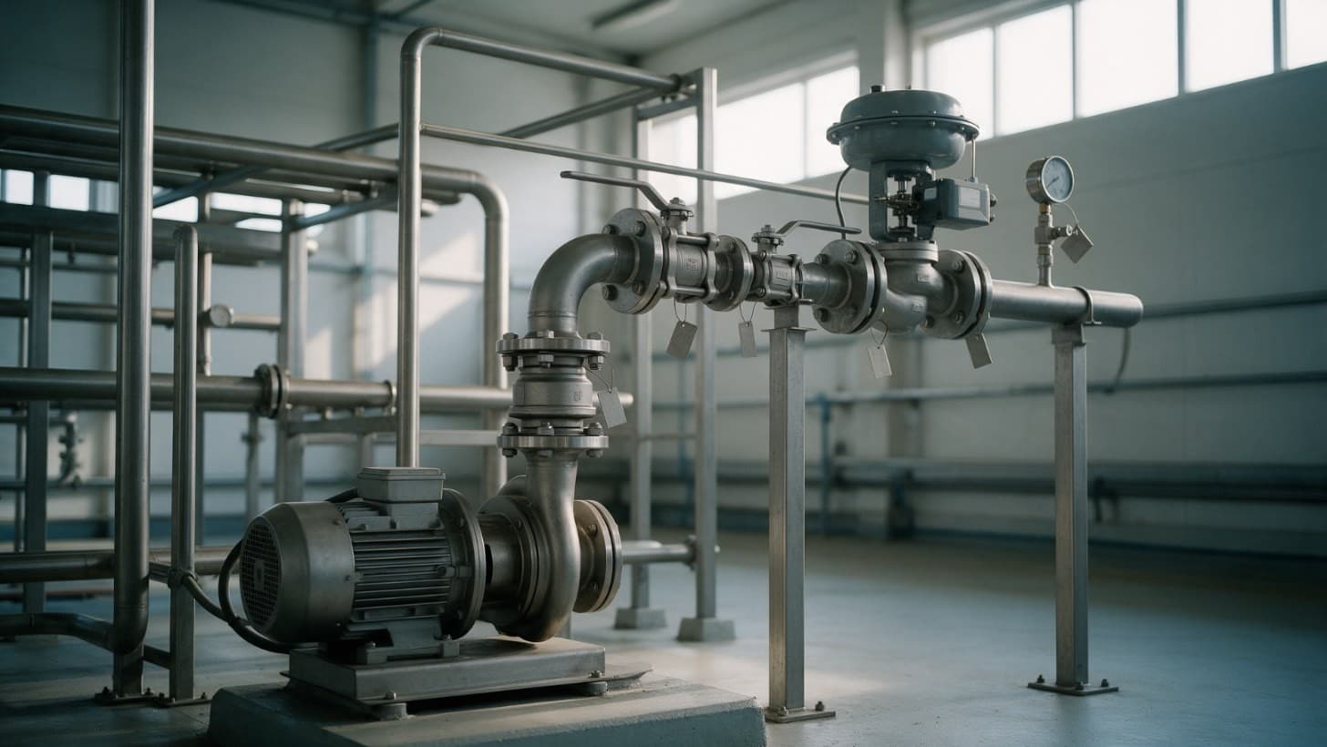 A stainless steel pump discharge line in a process hall with a check valve, lever operated ball valves, a pneumatic control valve and a pressure gauge