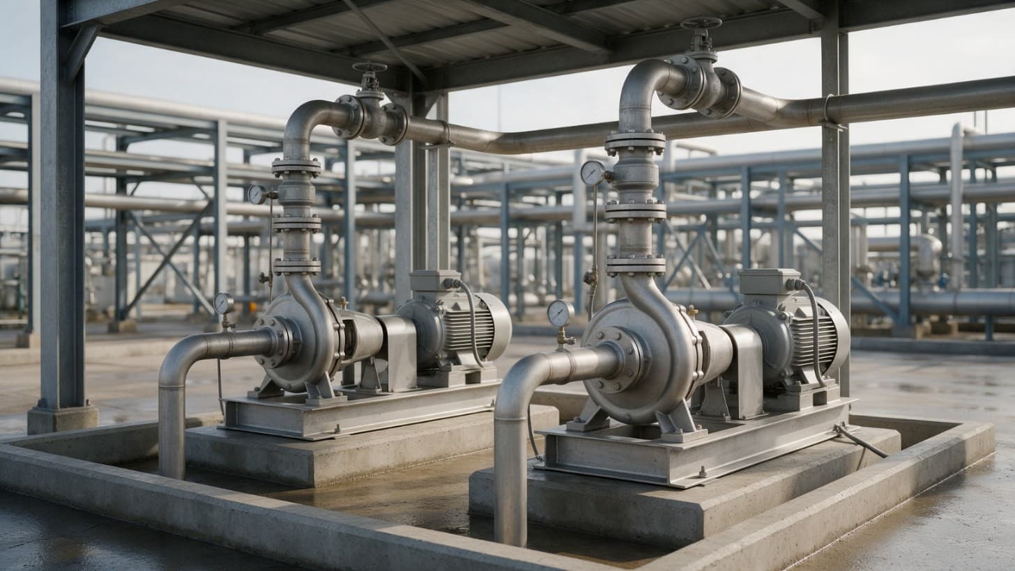 Horizontal end suction centrifugal pump and electric motor on a shared steel baseplate, with pressure gauges on the suction and discharge pipework in a process plant