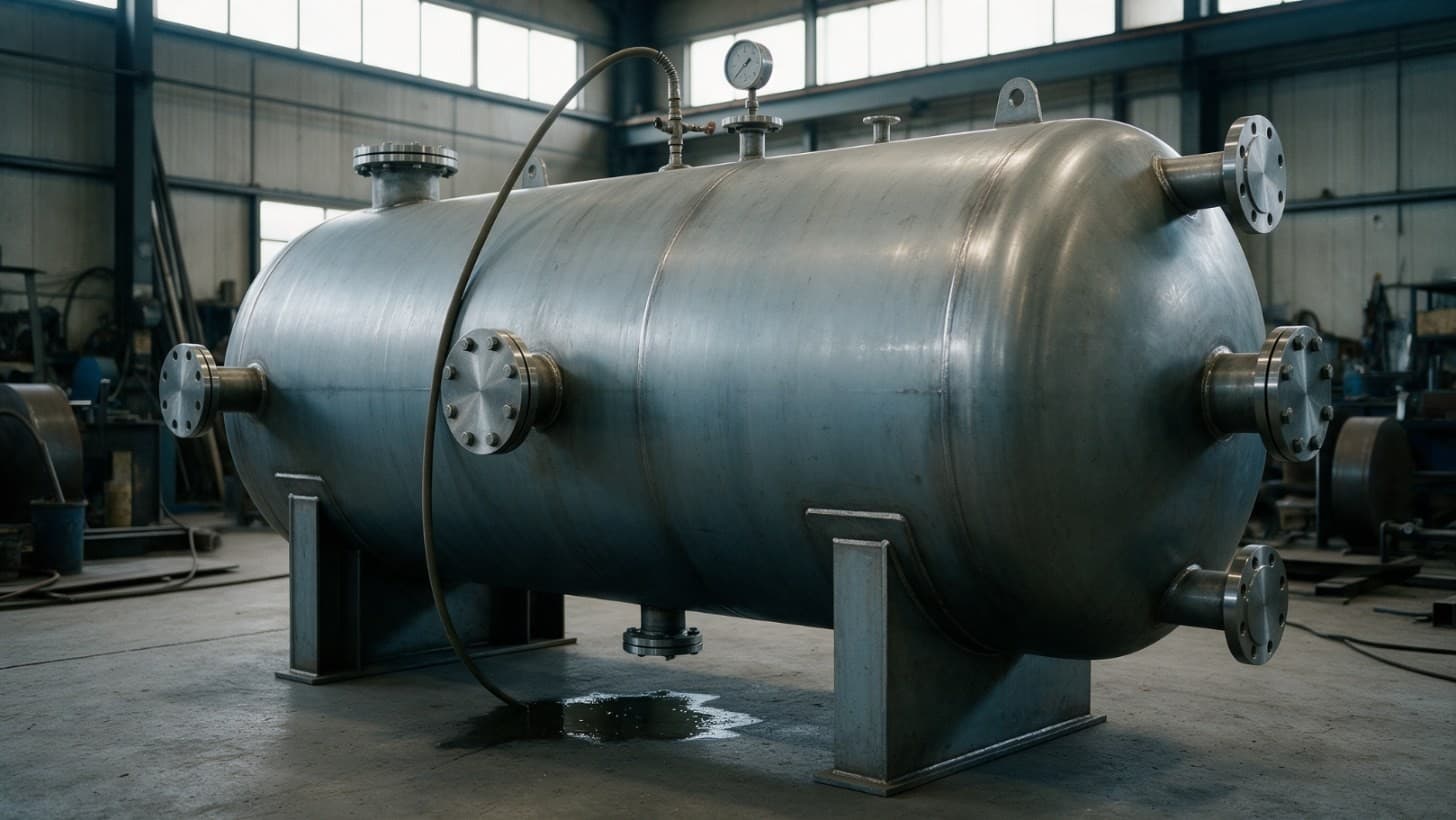 Horizontal stainless steel pressure vessel on steel saddles in a fabrication shop, connected to a pressure gauge and test hose for a hydrostatic test