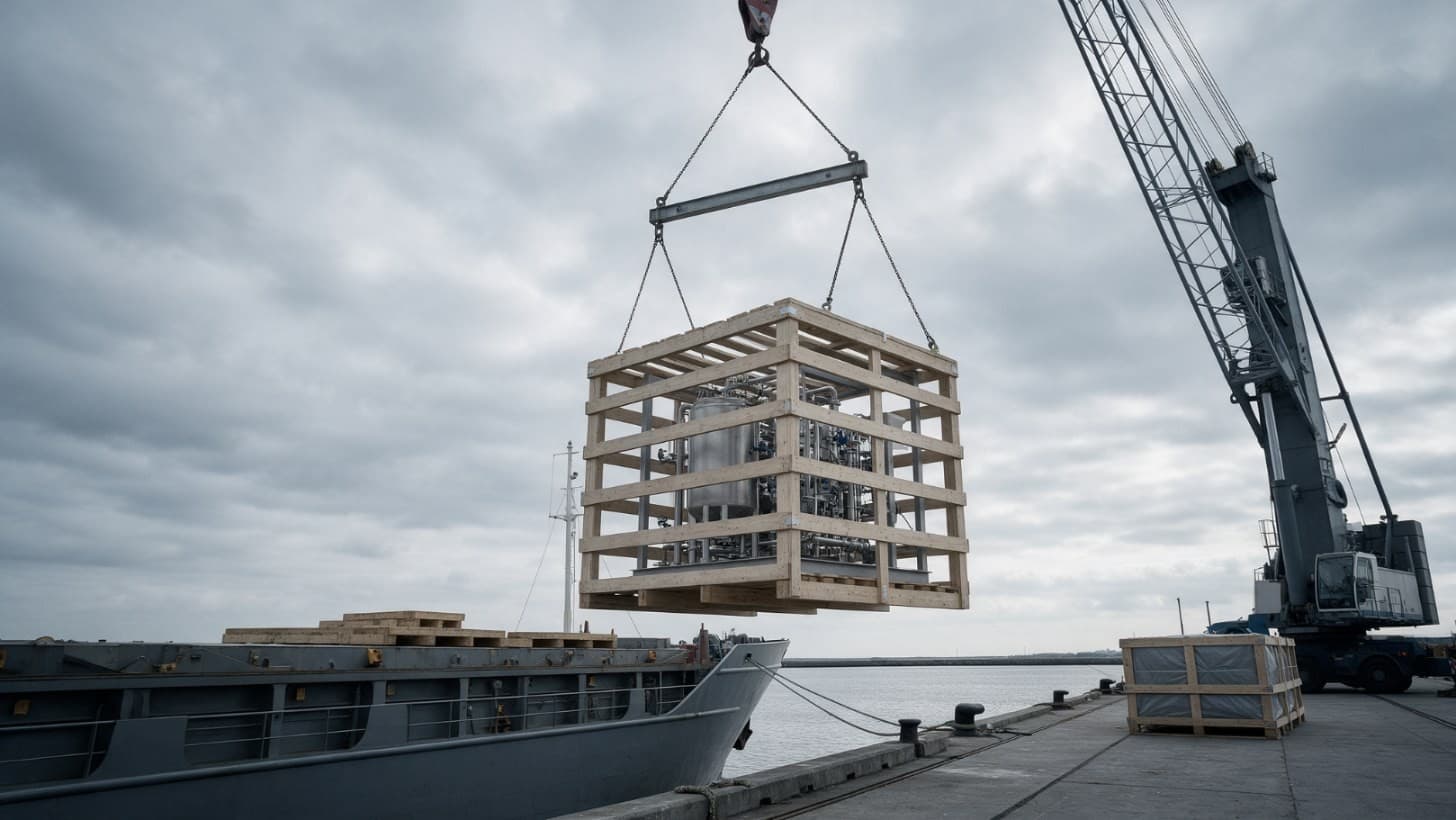A large wooden crate holding a stainless steel process skid, chained to a flatbed trailer at a fabrication works loading bay under an overhead crane hook