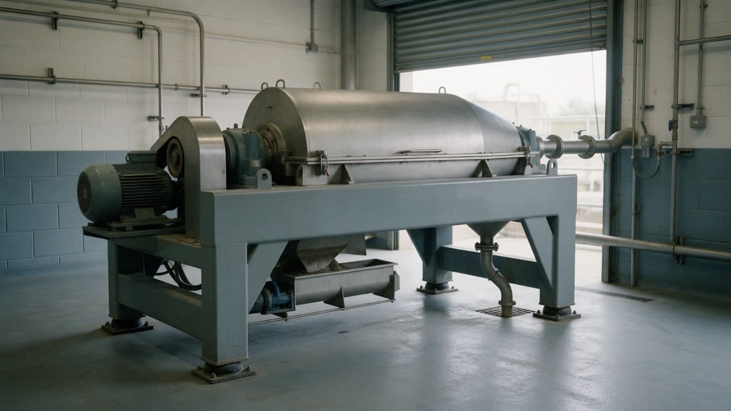 A horizontal decanter centrifuge with a stainless steel casing on a steel base frame in a process hall, with a disc stack separator standing behind it