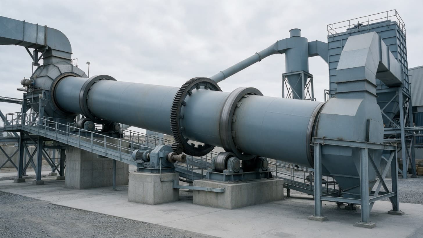 A long steel rotary drum dryer resting on riding rings and trunnion rollers with a girth gear drive, a feed chute at the raised end and a discharge hood at the lower end, inside a large industrial plant hall
