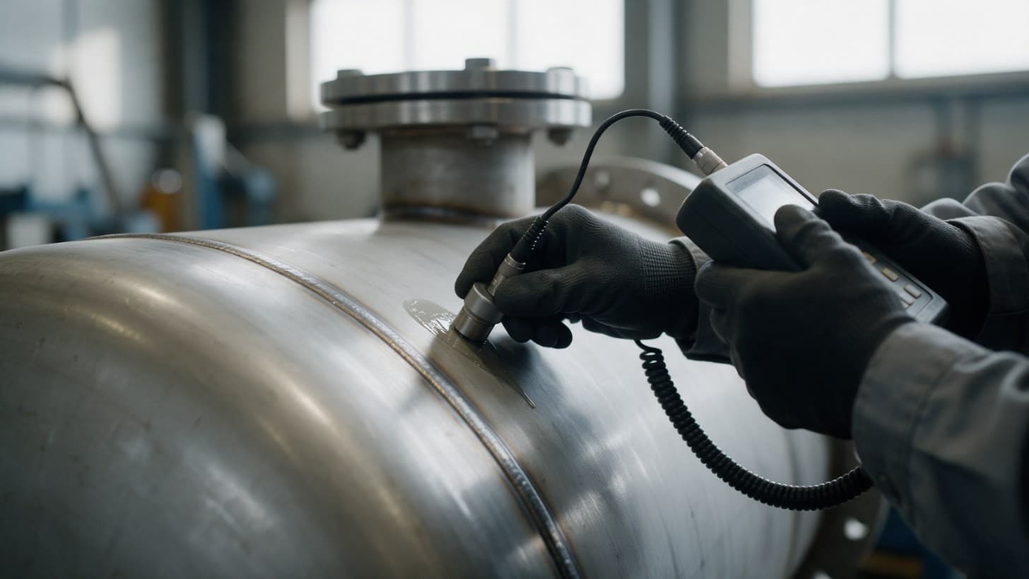 A horizontal stainless steel pressure vessel on saddles in a fabrication shop, a pump skid behind it and an inspection folder with a handheld alloy analyser on a workbench