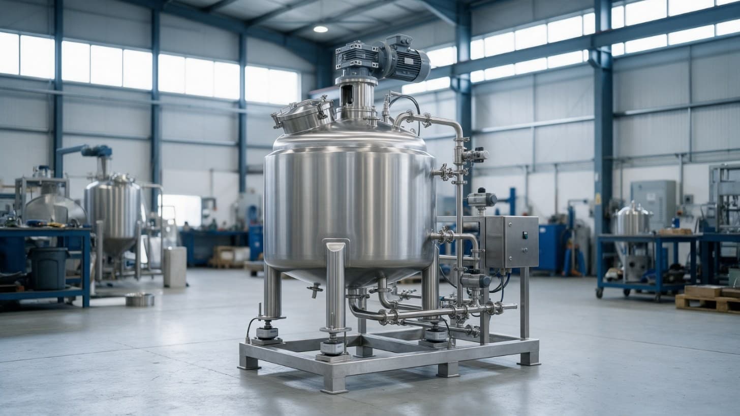 A skid mounted jacketed stainless steel process vessel with an agitator drive, load cells and hygienic pipework, standing in a clean fabrication hall.