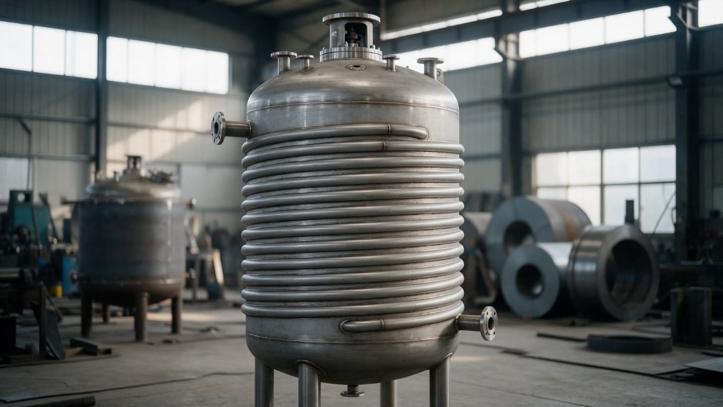 A stainless steel reactor vessel in a fabrication shop before insulation, its shell and dished bottom wrapped in a spiral half pipe coil jacket with welded inlet and outlet nozzles