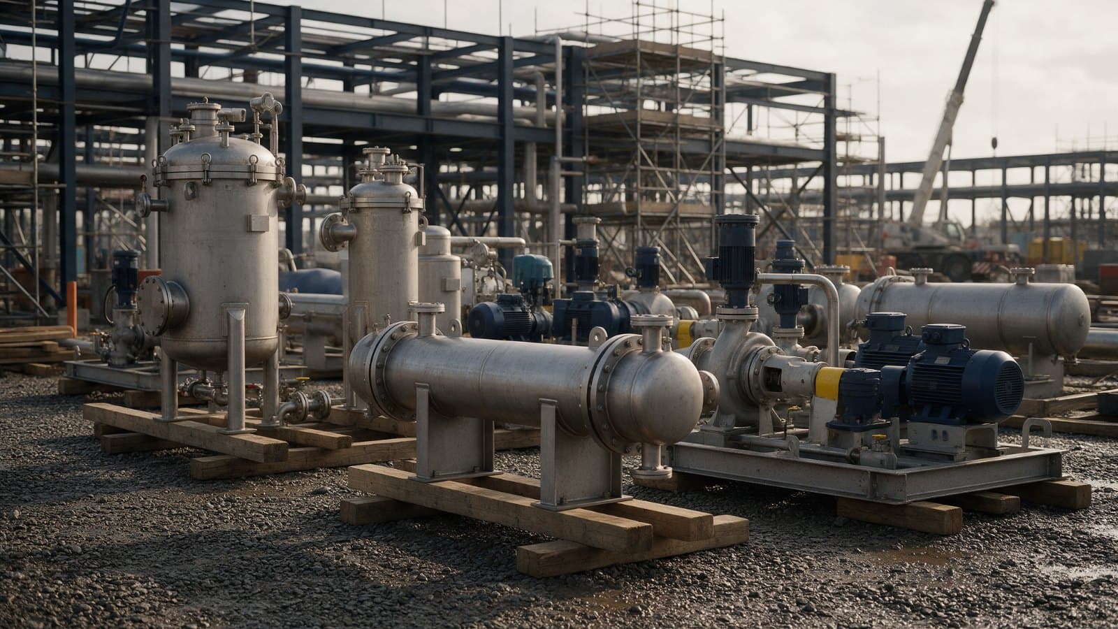 New stainless steel vessels, a heat exchanger and pump skids staged in a laydown yard before installation