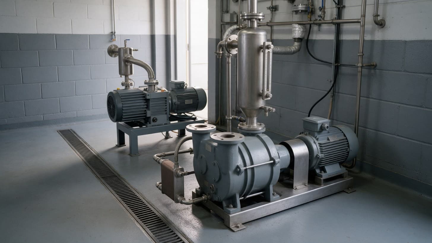 A liquid ring vacuum pump with its electric motor and discharge separator vessel on a stainless steel baseframe, beside a compact dry screw vacuum pump with cooling water pipework, in a chemical plant