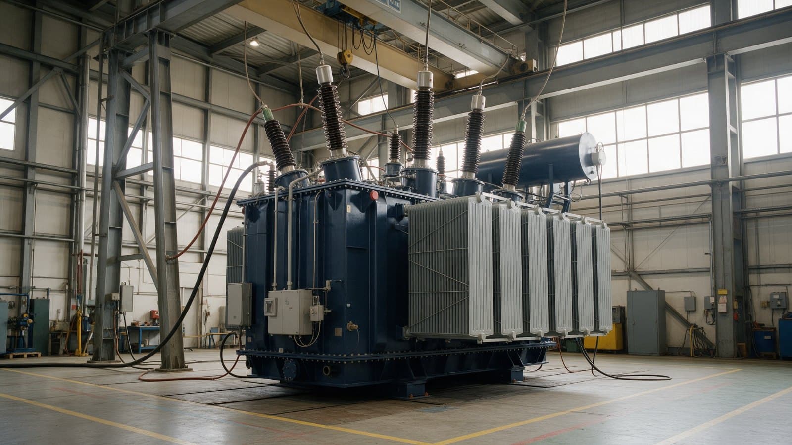 Large power transformer with high voltage bushings and cooling radiators in a factory test bay