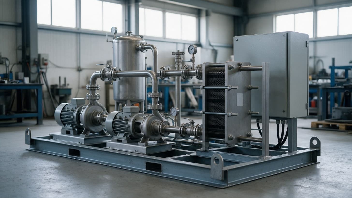 Stainless steel process skid with two pumps, a small tank, a plate heat exchanger, valves and gauges on a painted steel base frame in a fabrication shop