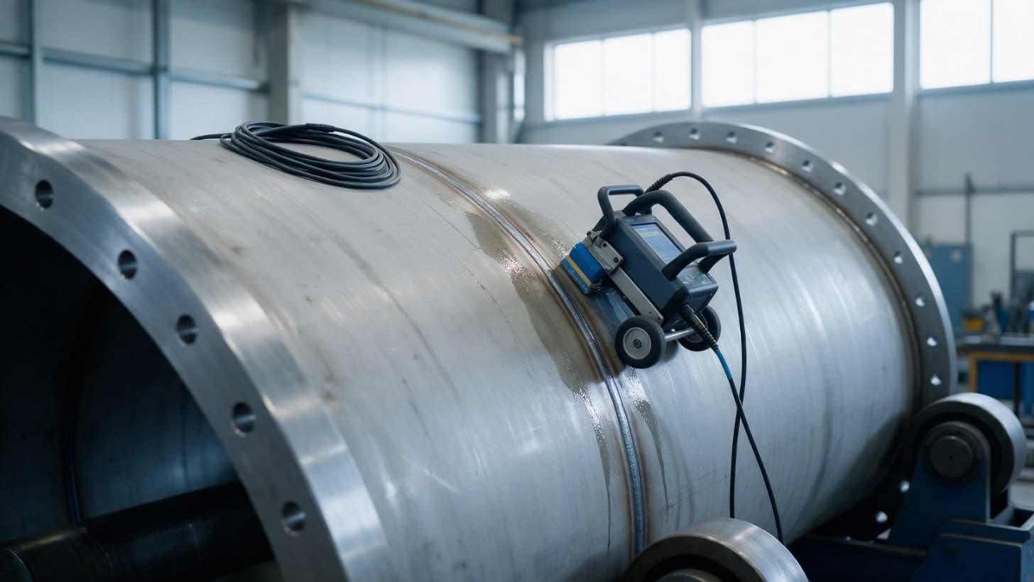 Phased array ultrasonic scanner clamped beside a circumferential butt weld on a stainless steel vessel shell in a fabrication bay