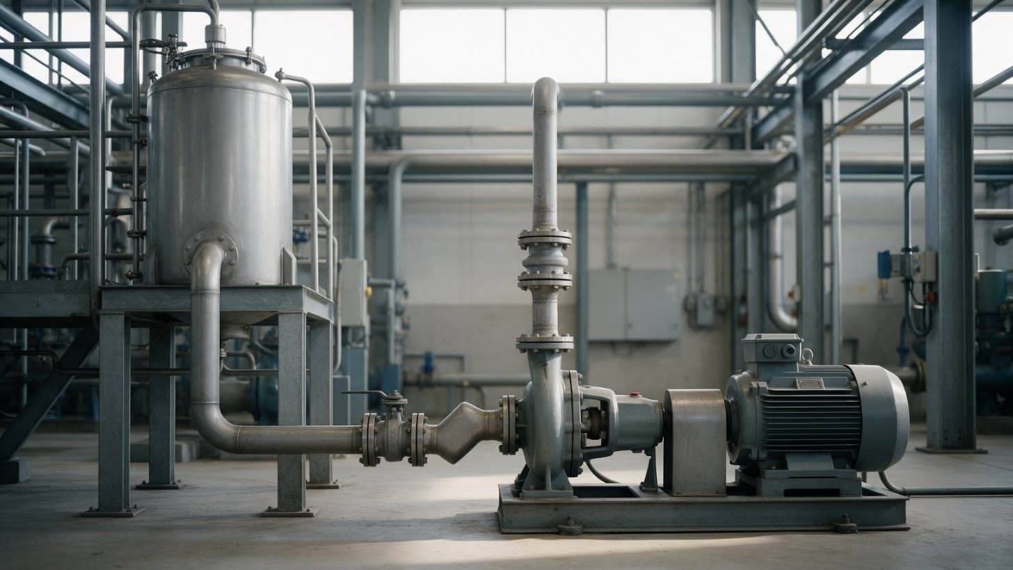 Horizontal centrifugal pump and motor on a steel baseplate, fed by a short suction line from an insulated suction drum raised on a steel structure above it