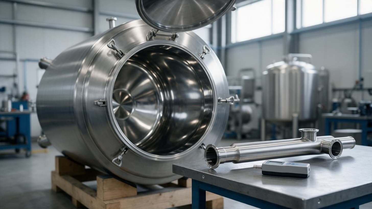 Bright electropolished stainless steel vessel interior beside a matt polished pipe spool with sanitary clamp ferrules in a fabrication shop