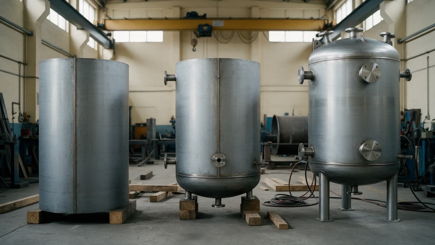 A stainless steel process skid with pumps, a small vessel, valves and pipework on a painted steel base frame in a fabrication shop, ready for dispatch
