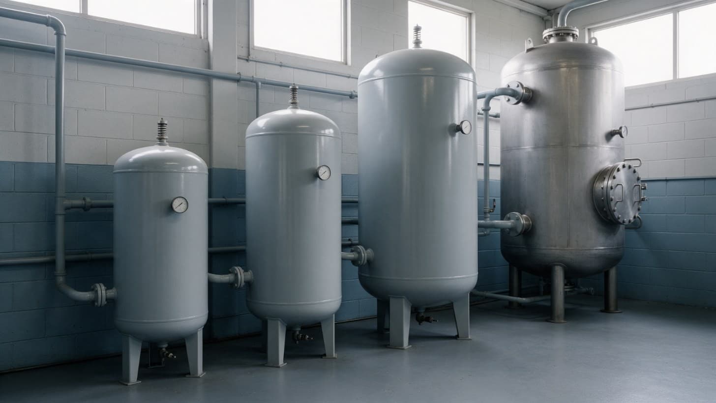 Vertical stainless steel compressed air receiver with dished ends on three legs in a plant room, with a safety valve and pressure gauge on its top nozzles