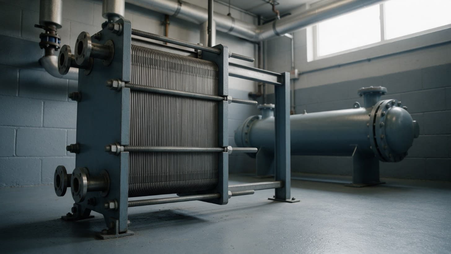 A gasketed plate heat exchanger with a painted steel frame and stainless steel plate pack in a plant room, with a horizontal shell and tube heat exchanger on saddles behind it