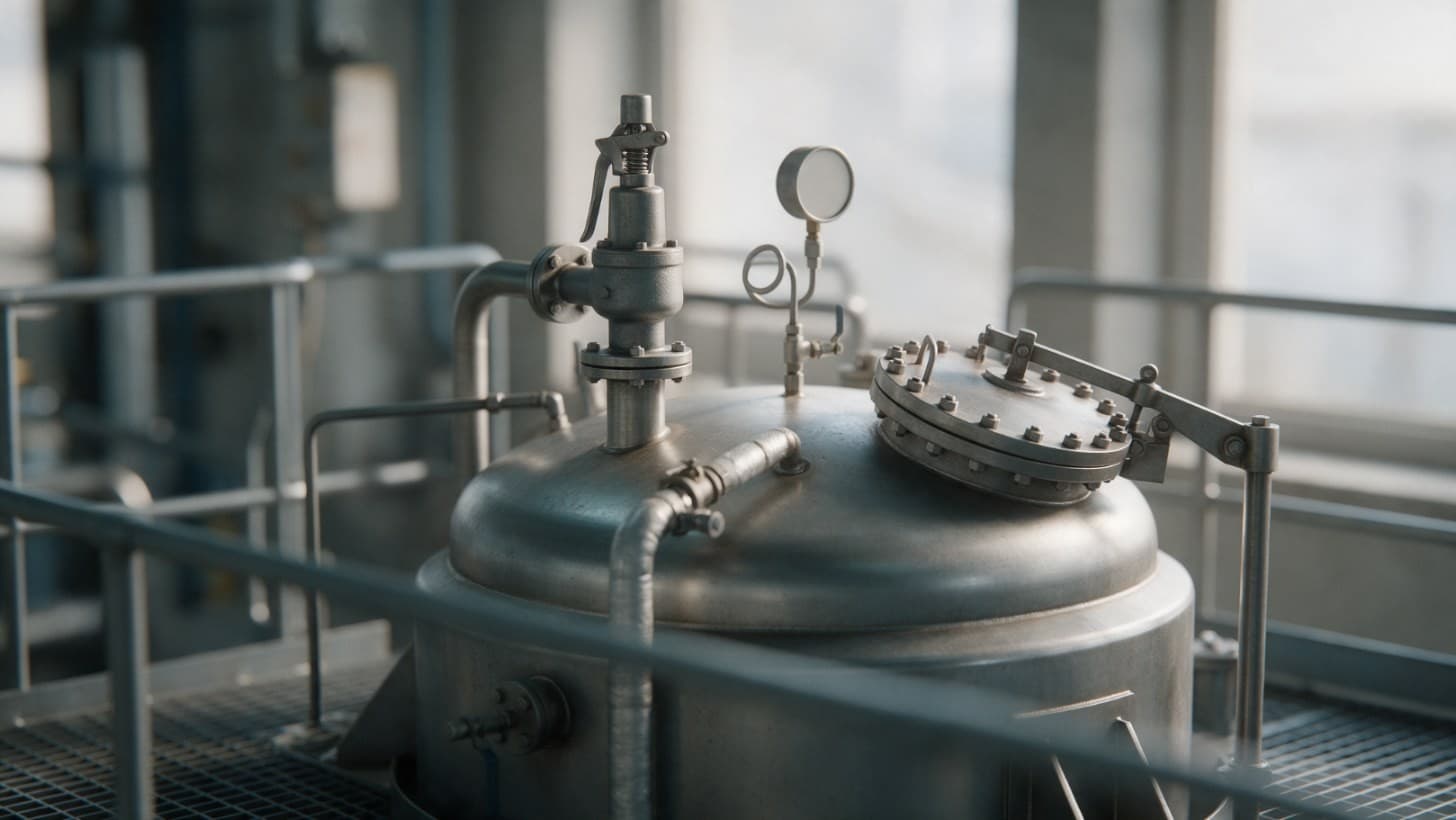 Stainless steel jacketed process vessel on a skid with a safety relief valve, a pressure gauge and insulated steam pipework in a chemical plant bay