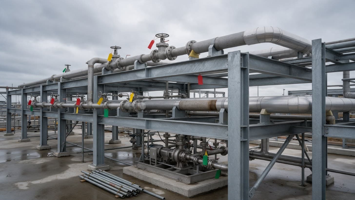 A stainless steel CIP skid with tanks, a pump, a plate heat exchanger and a valve manifold on a painted steel base frame in a plant room, with blank inspection tags tied to a valve and a flange