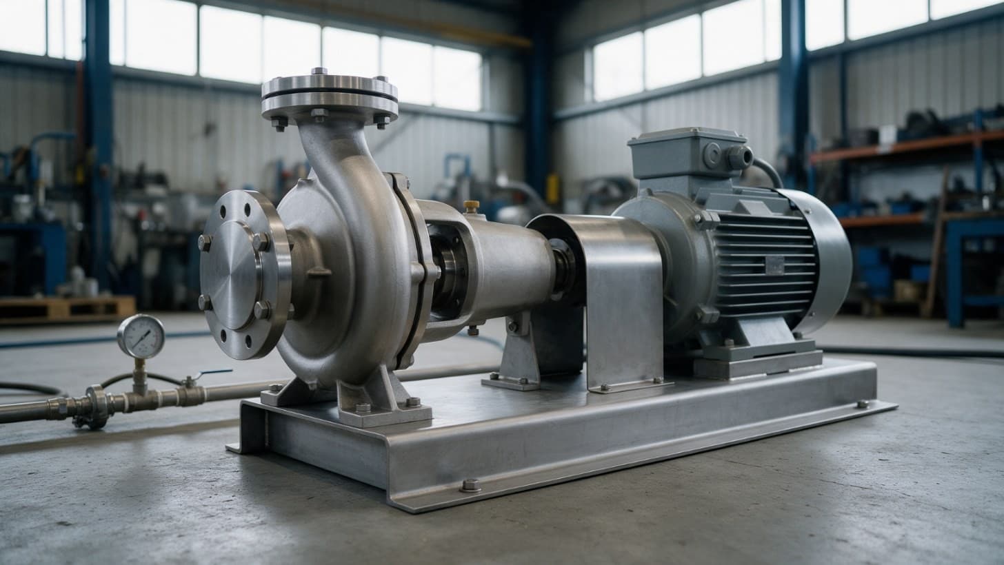 A stainless steel end suction centrifugal pump and electric motor on a shared steel baseplate in a pump test bay.