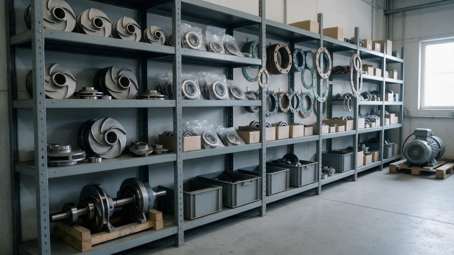 A spare centrifugal pump rotating assembly on a timber cradle on a steel pallet rack in an industrial spare parts store, with boxed parts and wrapped gaskets on the shelves above