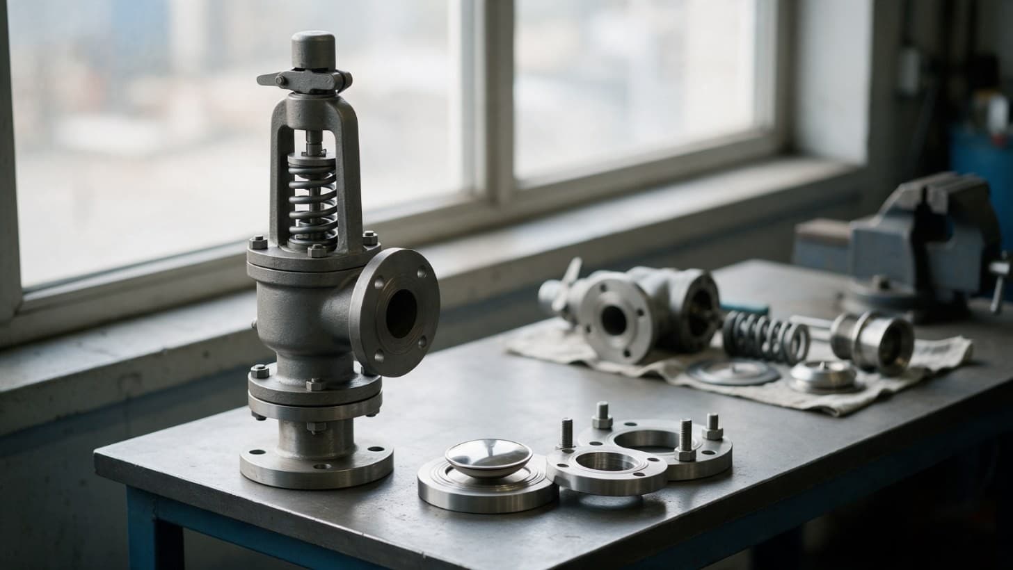 A spring loaded pressure relief valve mounted on top of a stainless steel reactor, with a bursting disc holder clamped below its inlet and a small pressure gauge between the disc and the valve