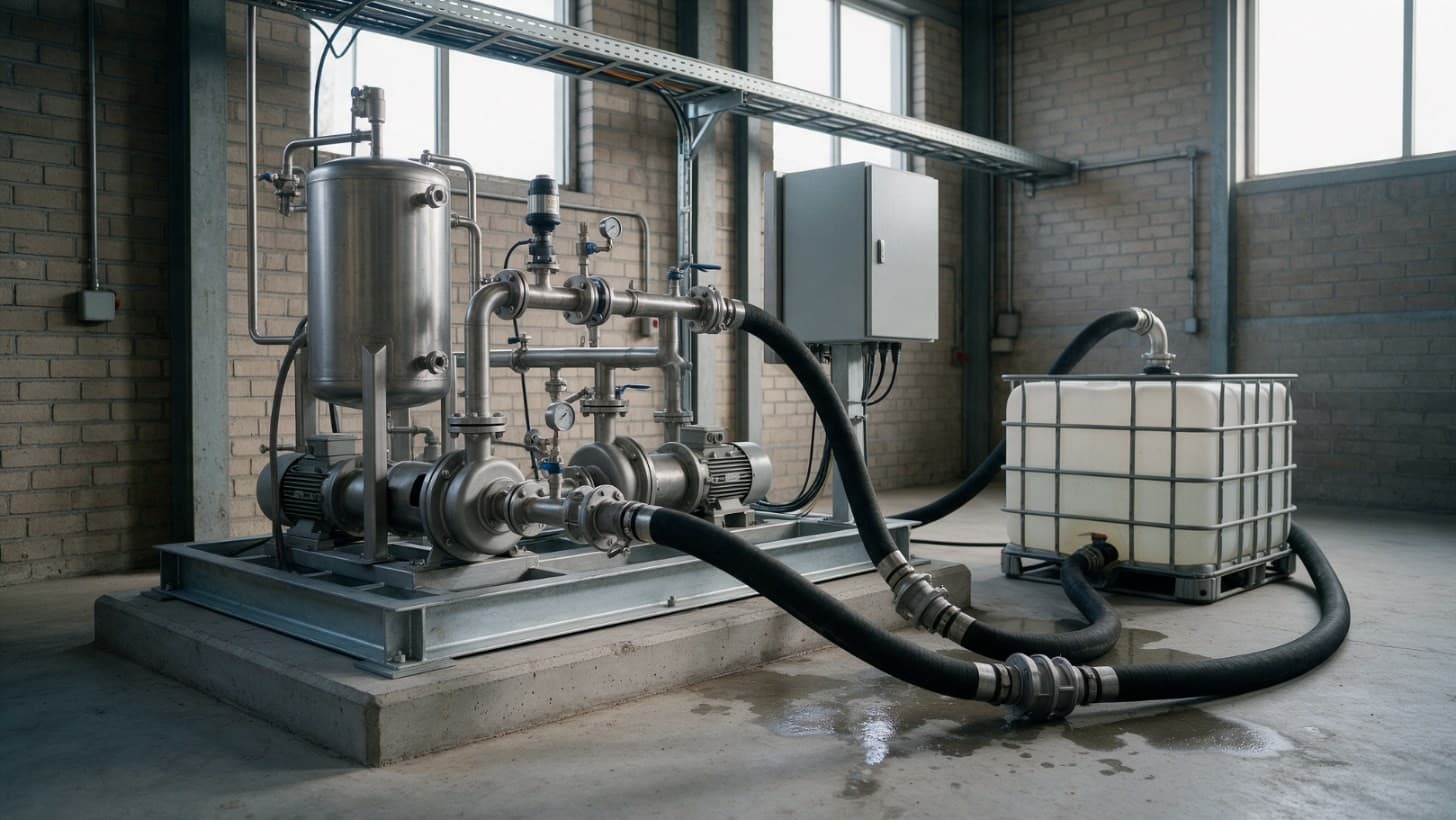 A stainless steel process skid with two pumps, a vertical tank, valves and instruments, installed on a concrete plinth in a plant building and connected to overhead pipework, with its control panel beside it