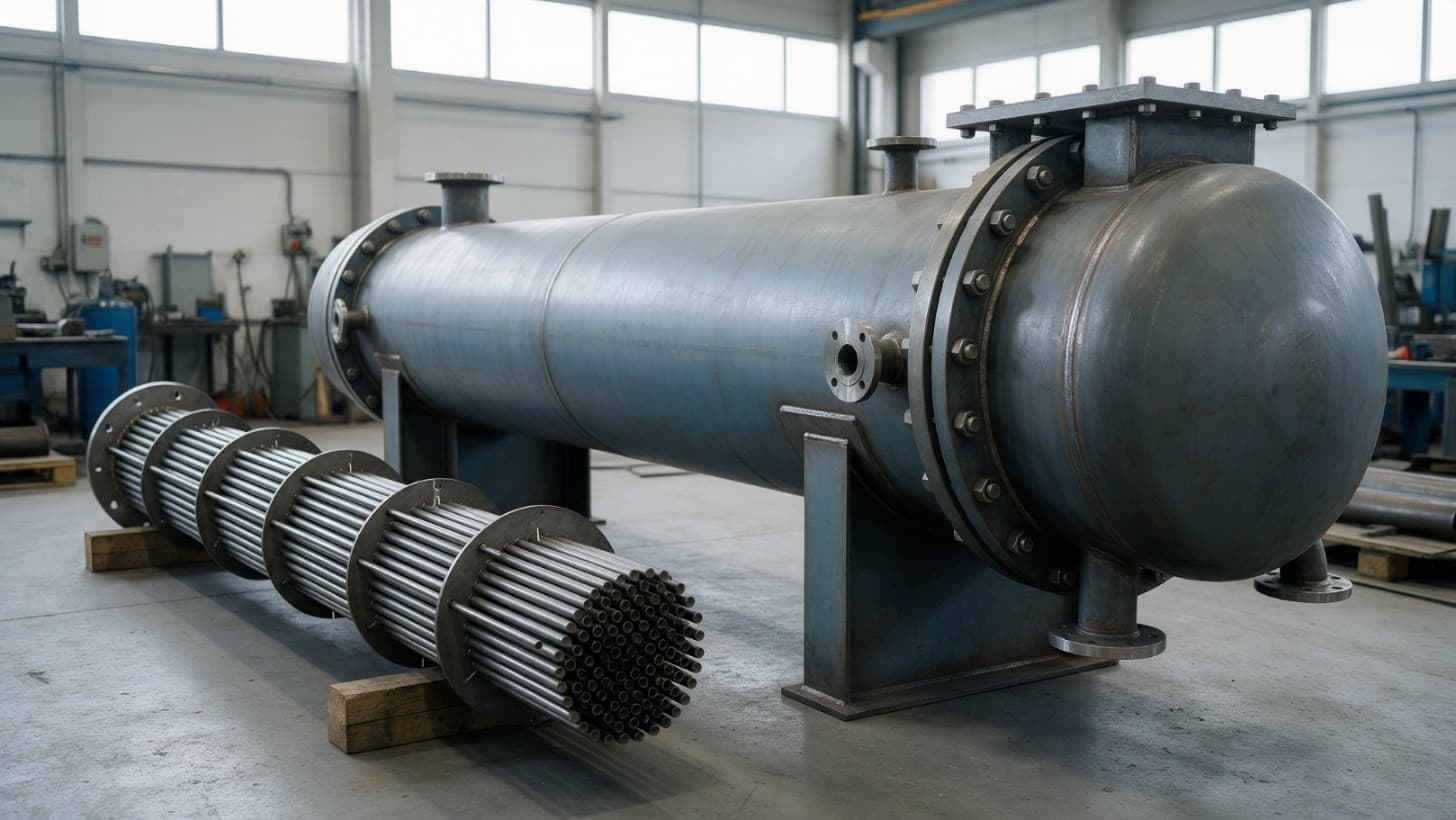 A horizontal shell and tube heat exchanger on steel saddles in a fabrication shop, with its tube bundle and baffles pulled out on supports beside the shell