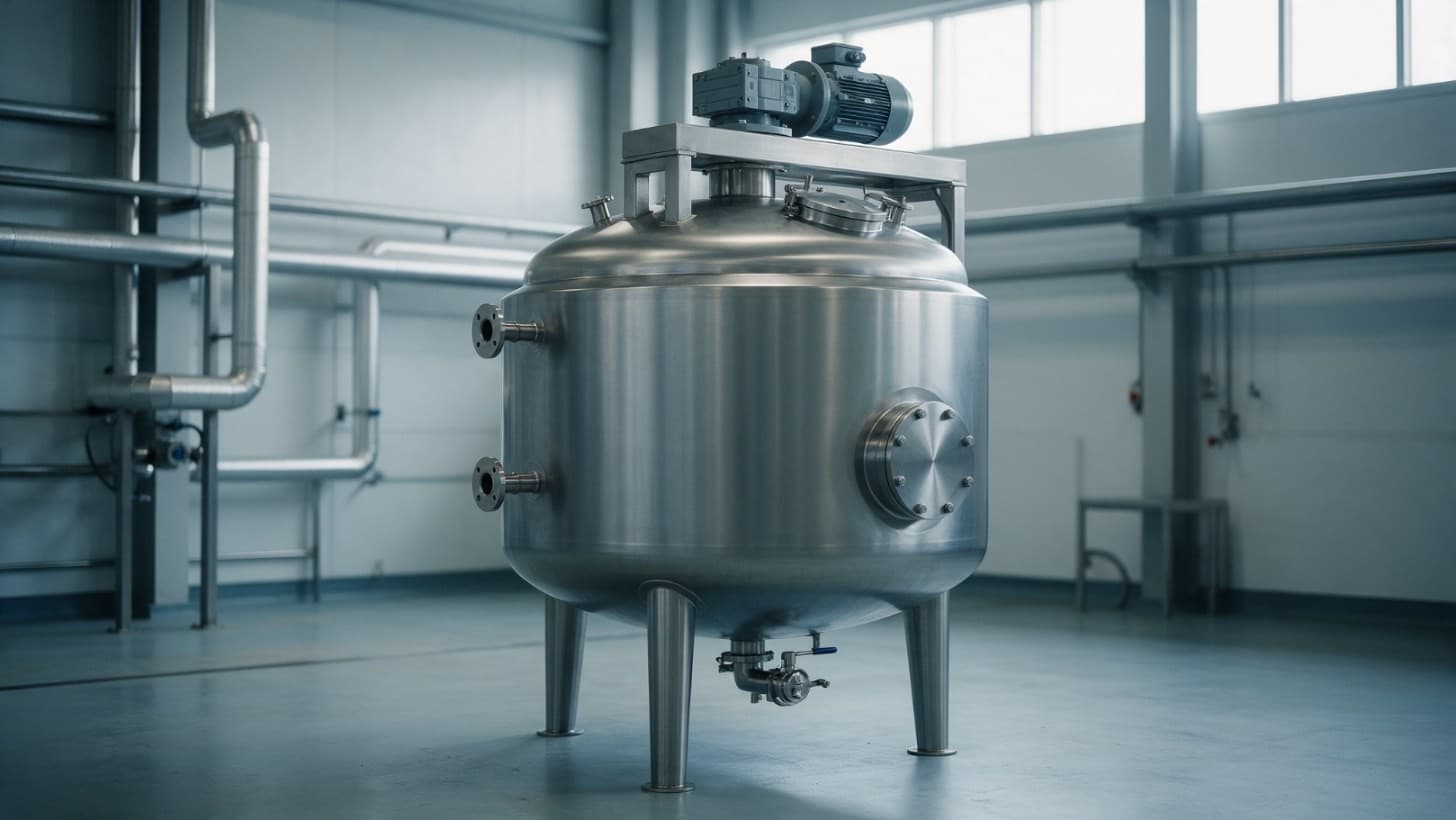 A stainless steel jacketed process vessel with a top mounted agitator drive, jacket nozzles and a bolted manway, standing on legs in a clean equipment hall